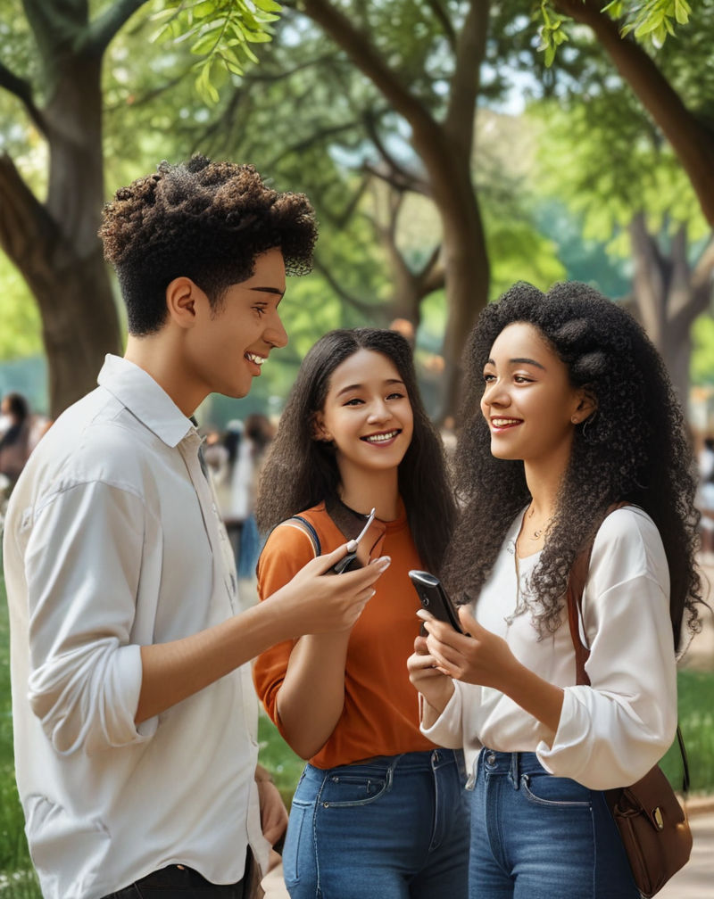 In a bustling city park, diverse groups engage in animated conversations, phones in hand, discussing economic trends and generating trending TikTok hashtags under leafy trees.