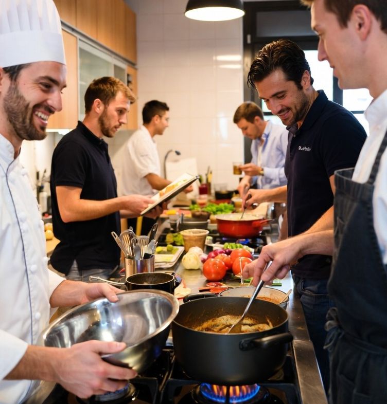 team participating in a cooking class in a local Madrid kitchen