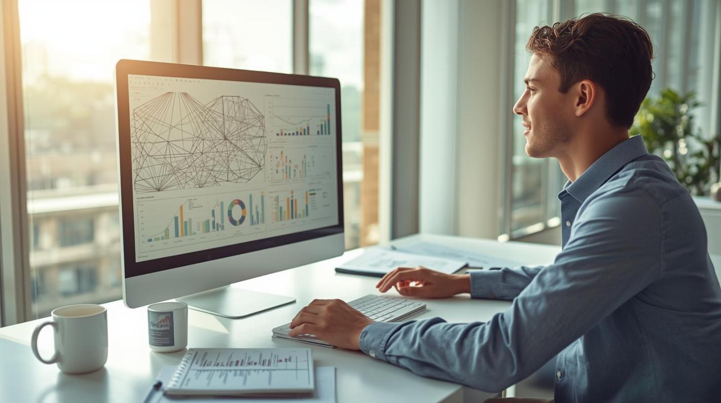 Economist analyzing global supply chain networks on laptop in bright modern office.